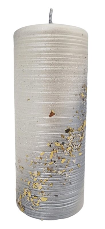 Świeca walec STARDUST 17,5cm biało-srebrna z drobinkami złota