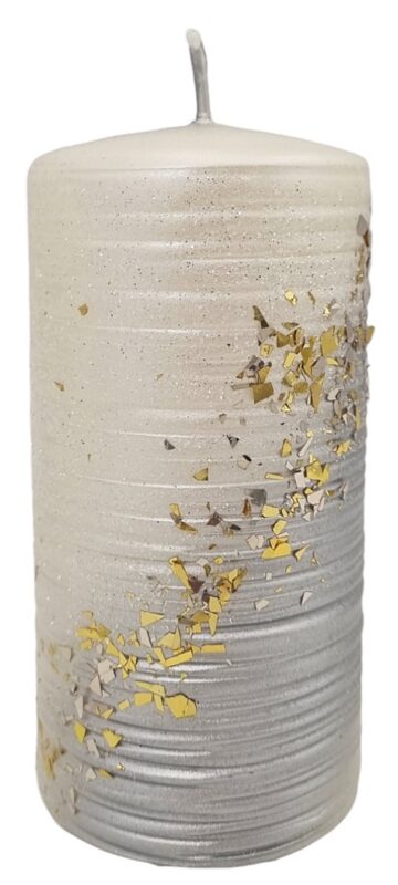 Świeca walec STARDUST 14cm biało-srebrna z drobinkami złota