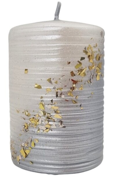 Świeca walec STARDUST 10cm biało-srebrna z drobinkami złota